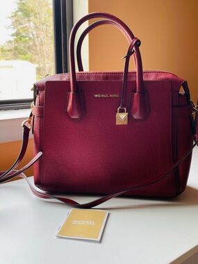 Michael Kors Burgundy Leather Satchel with Gold Accent